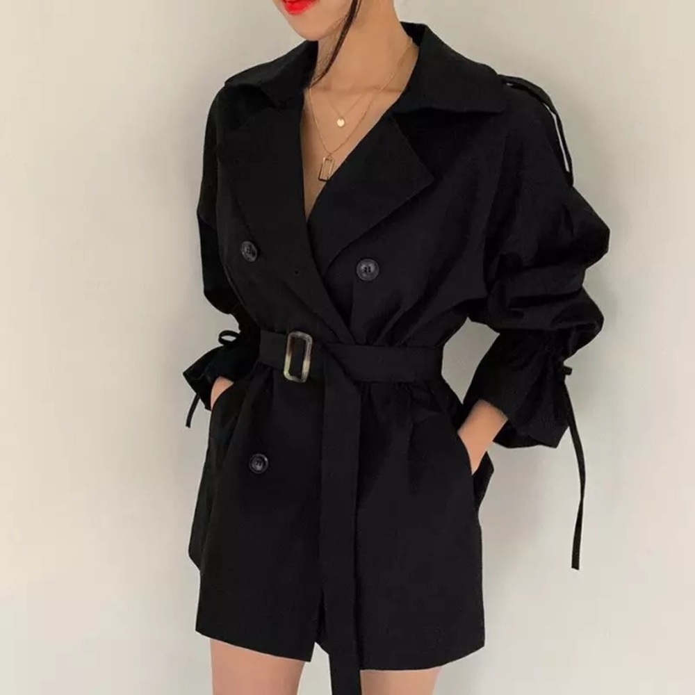 Black Double-Breasted Trench Coat with Belt